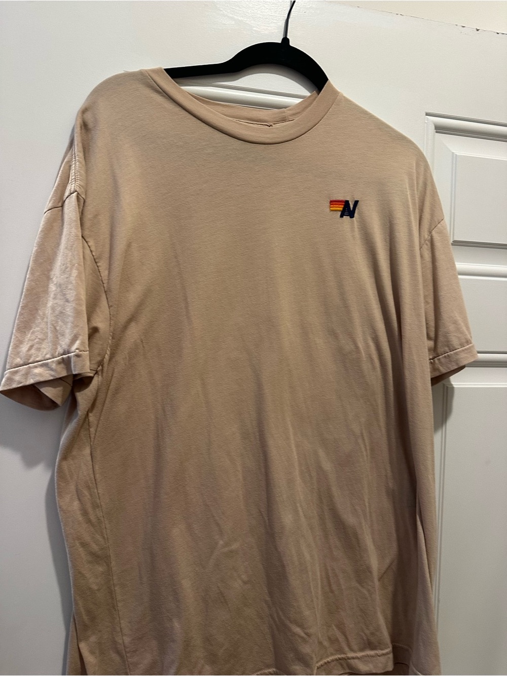 Aviator Nation Beige Crew Neck Tee with Multicolor Embroidered 'AN'.   Women /me - Picture 2 of 3
